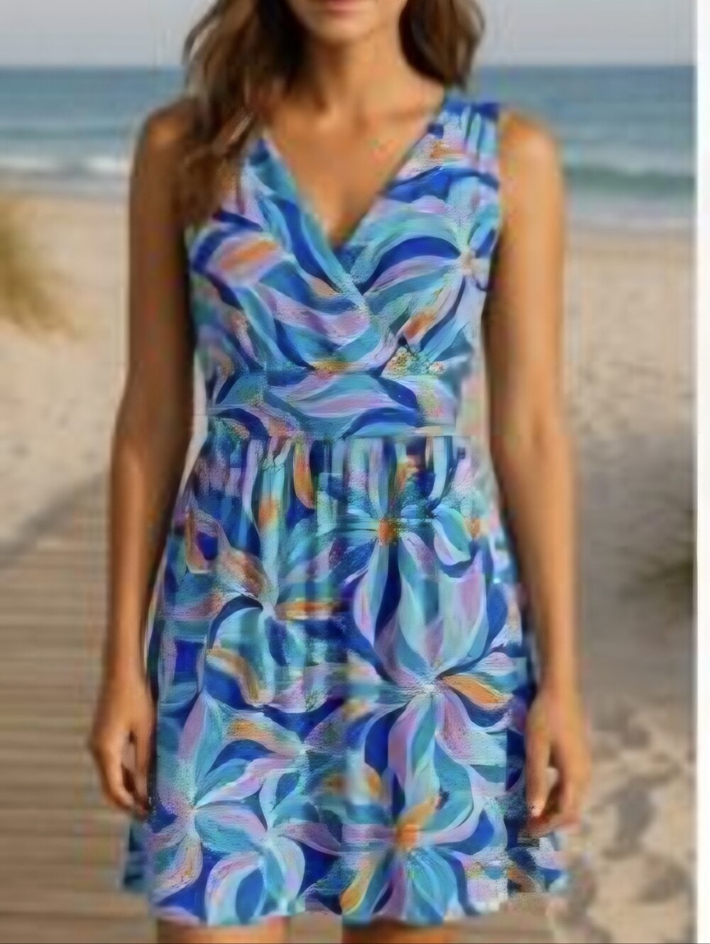 Pappagallo Vibrant Blue Multicolor Floral V-Neck Sleeveless Dress Lg EUC